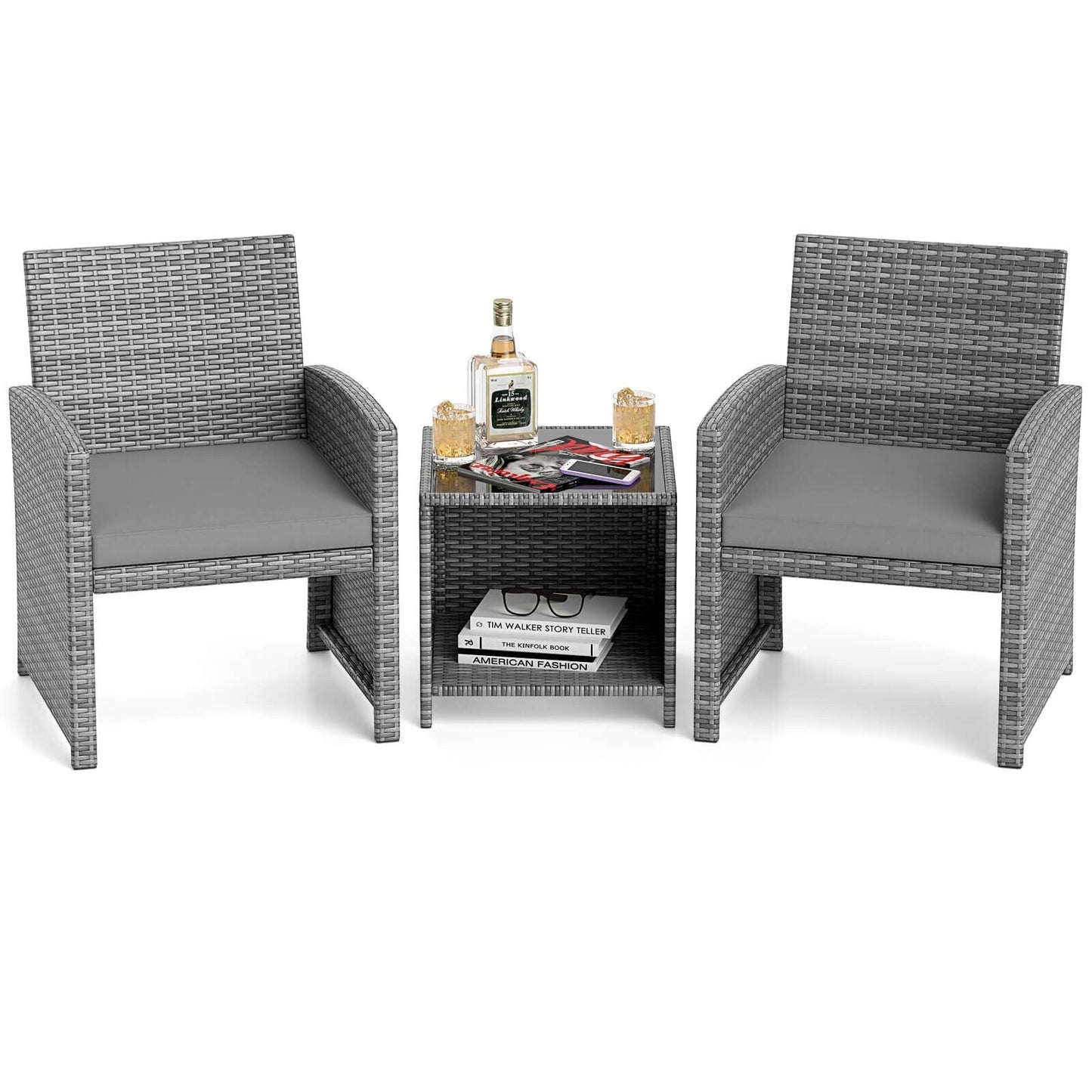 Set di mobili da giardino Costway 3 pezzi con tavolino in vetro temperato e - Vedi dettagli