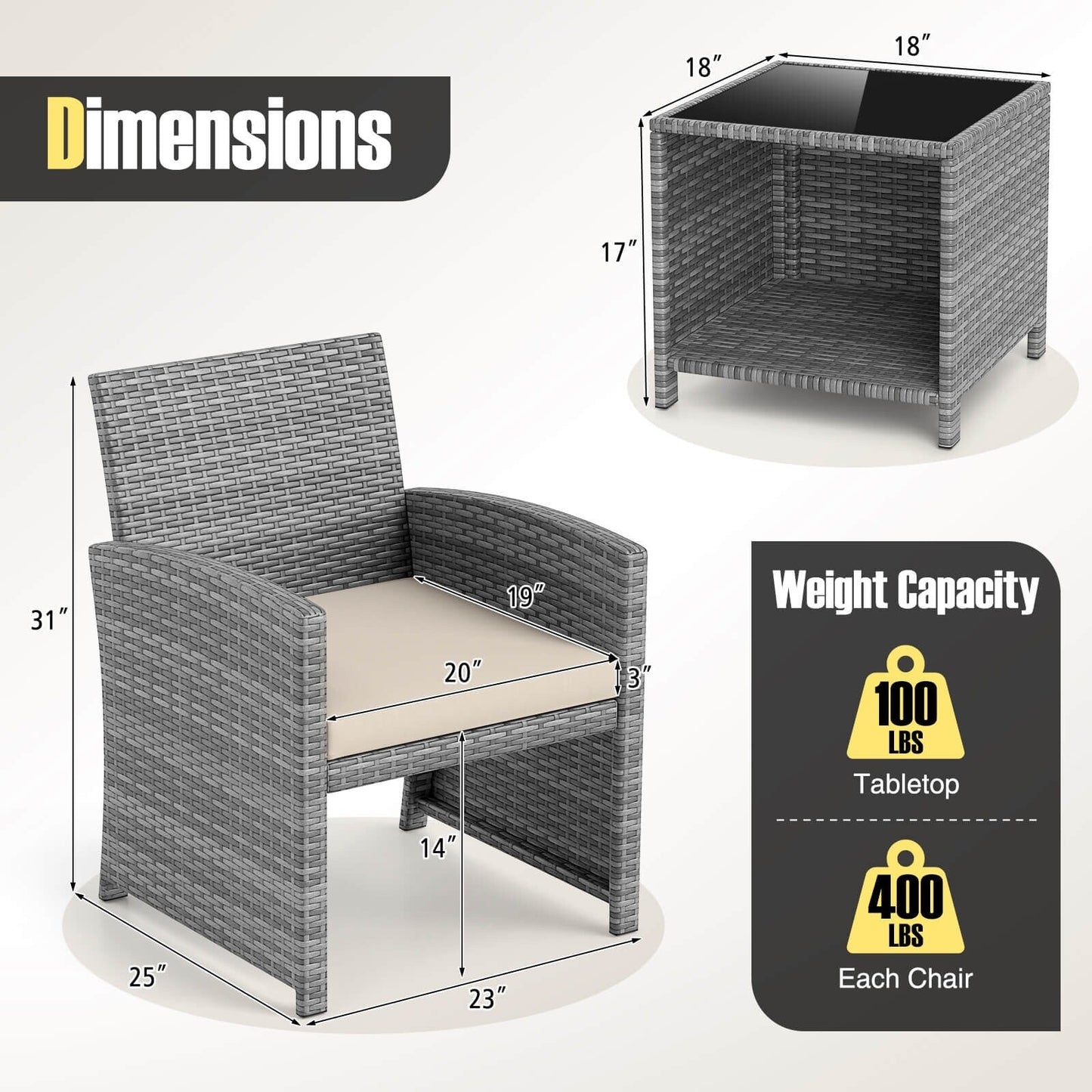 Set di mobili da giardino Costway 3 pezzi con tavolino in vetro temperato e - Vedi dettagli