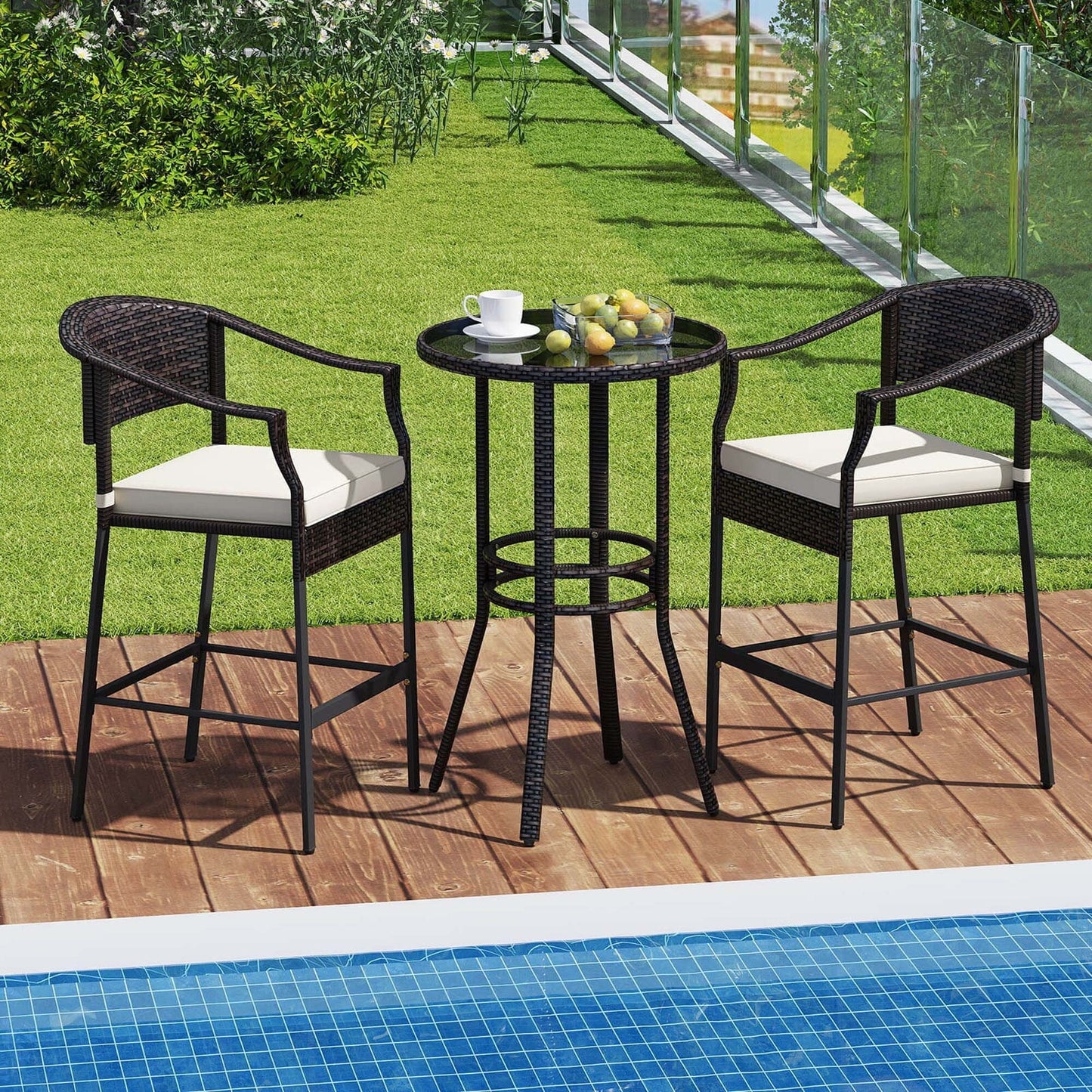 Set da bar in rattan per patio Costway da 3 pezzi con poltrone in vimini e tavolo rotondo - Vedi dettagli