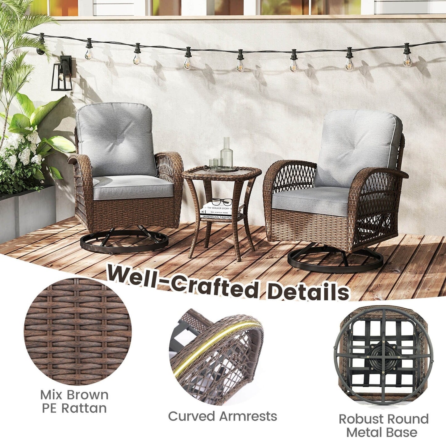 Set di mobili da bistrot girevoli da giardino Costway da 3 pezzi - Vedi dettagli