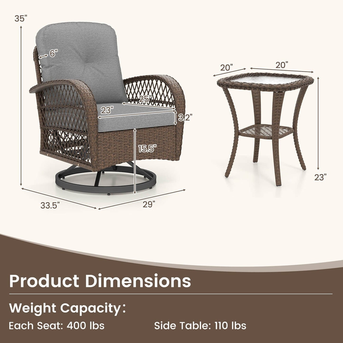 Set di mobili da bistrot girevoli da giardino Costway da 3 pezzi - Vedi dettagli