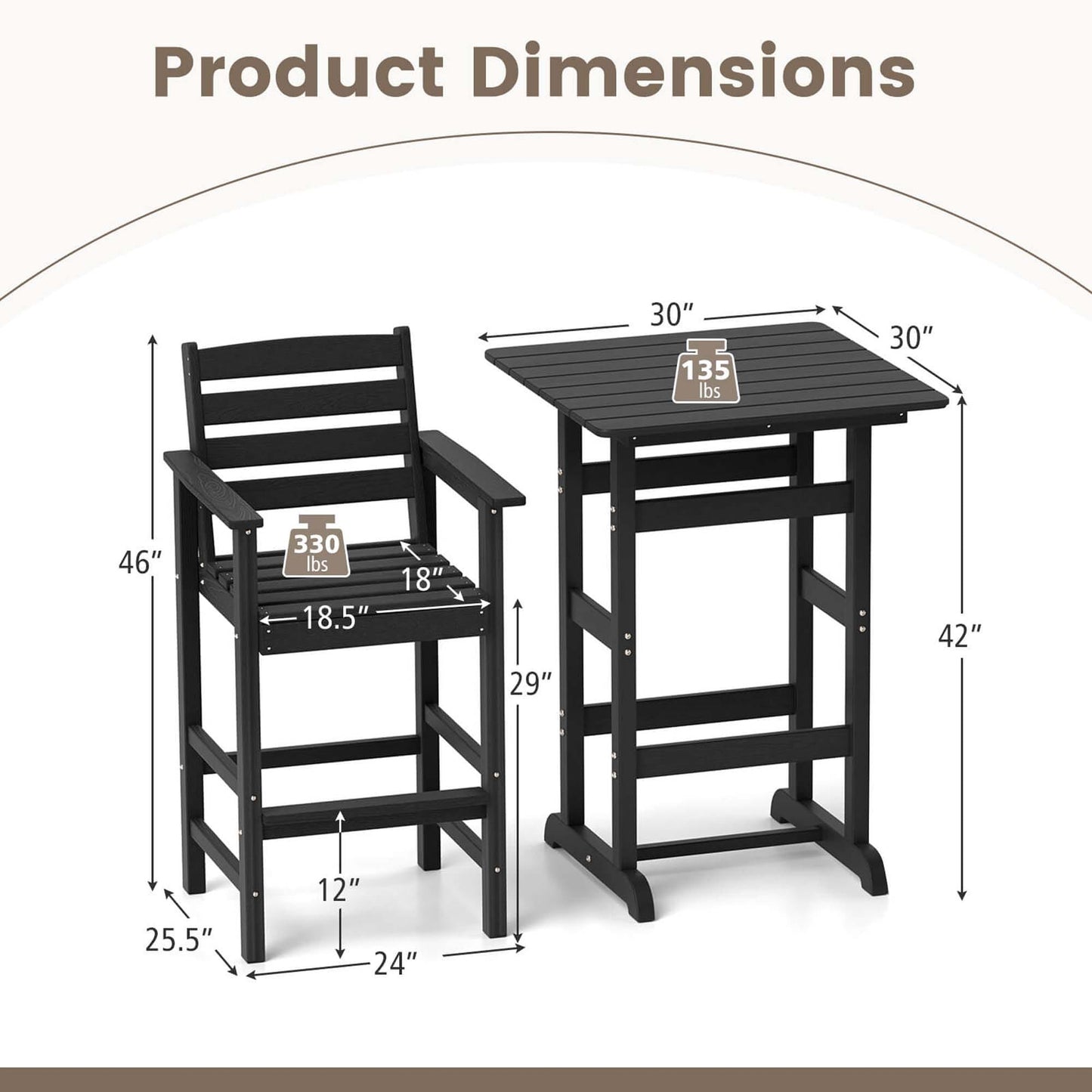 Set da bar Costway da 3 pezzi in HDPE con poltrone e piano alto quadrato - Vedi dettagli