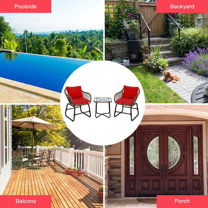 Costway 3 pezzi set da bistrot in rattan per patio, sedia imbottita, tavolo in vetro, terrazza - Vedi dettagli