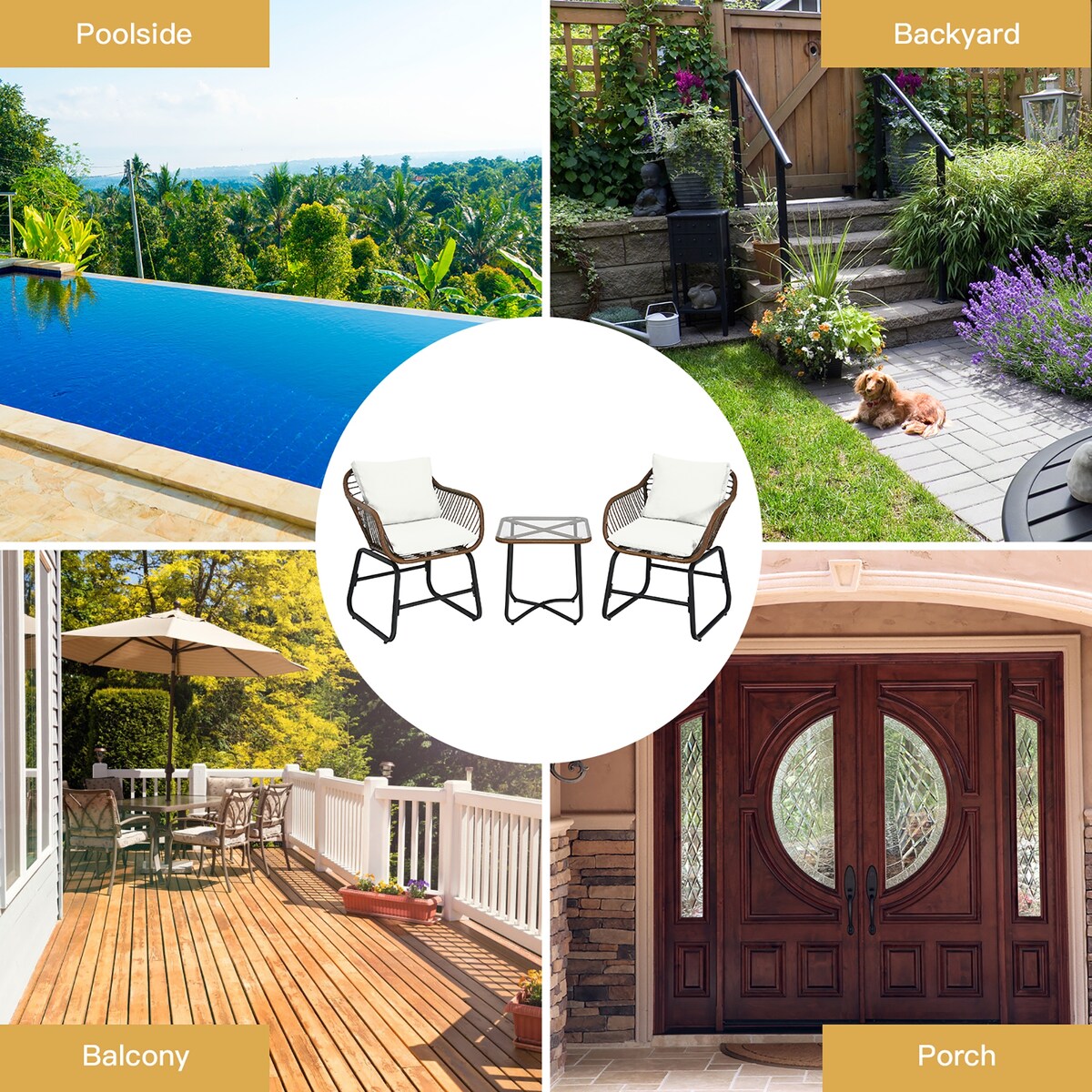 Costway 3 pezzi set da bistrot in rattan per patio, sedia imbottita, tavolo in vetro, terrazza - Vedi dettagli