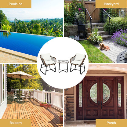 Costway 3 pezzi set da bistrot in rattan per patio, sedia imbottita, tavolo in vetro, terrazza - Vedi dettagli