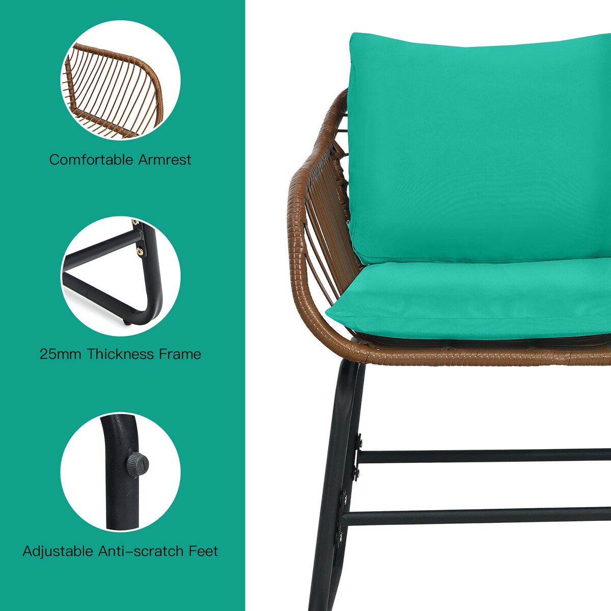 Costway 3 pezzi set da bistrot in rattan per patio, sedia imbottita, tavolo in vetro, terrazza - Vedi dettagli