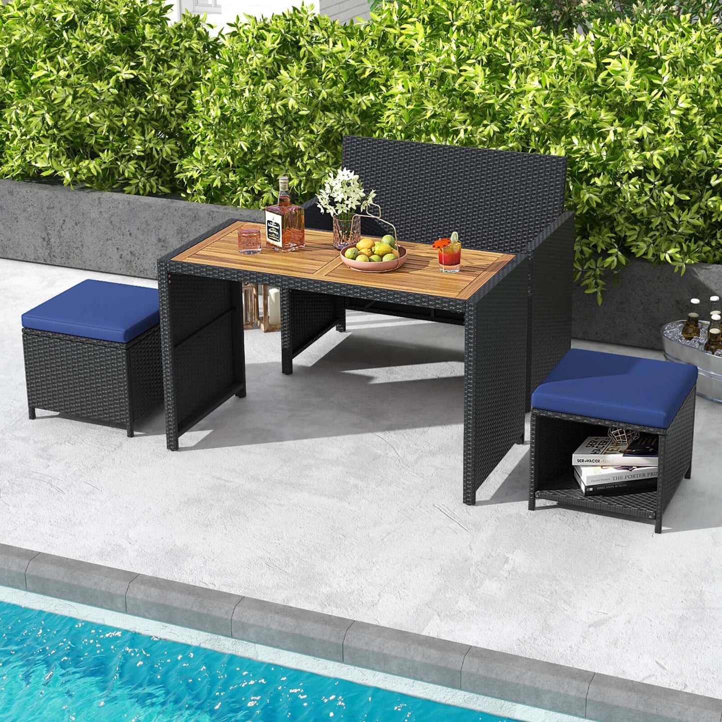 Set da pranzo per esterni Costway 4 pezzi, poltrona in rattan e 2 pouf - Vedi dettagli