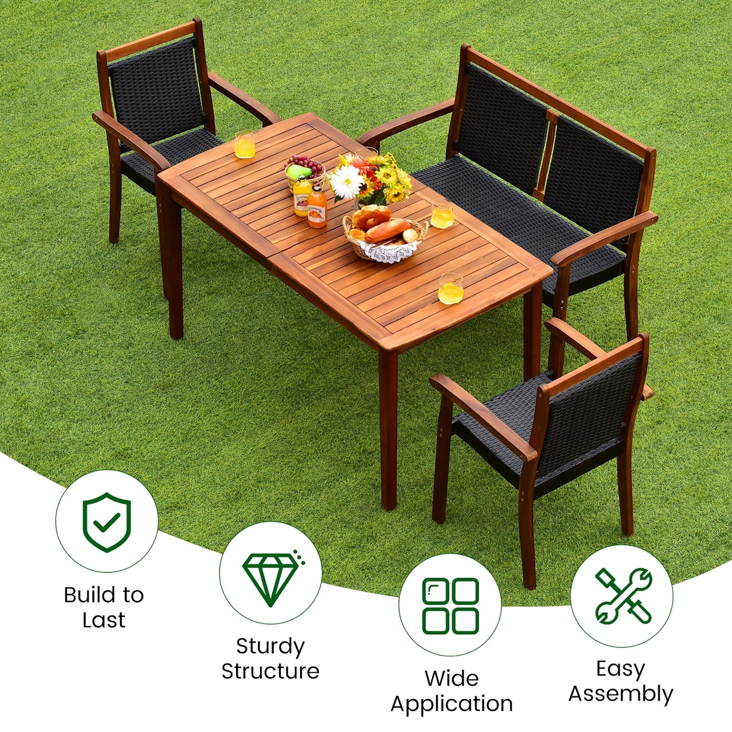 Set di mobili da pranzo in rattan da giardino Costway da 4 pezzi, struttura in legno di acacia - Vedi dettagli