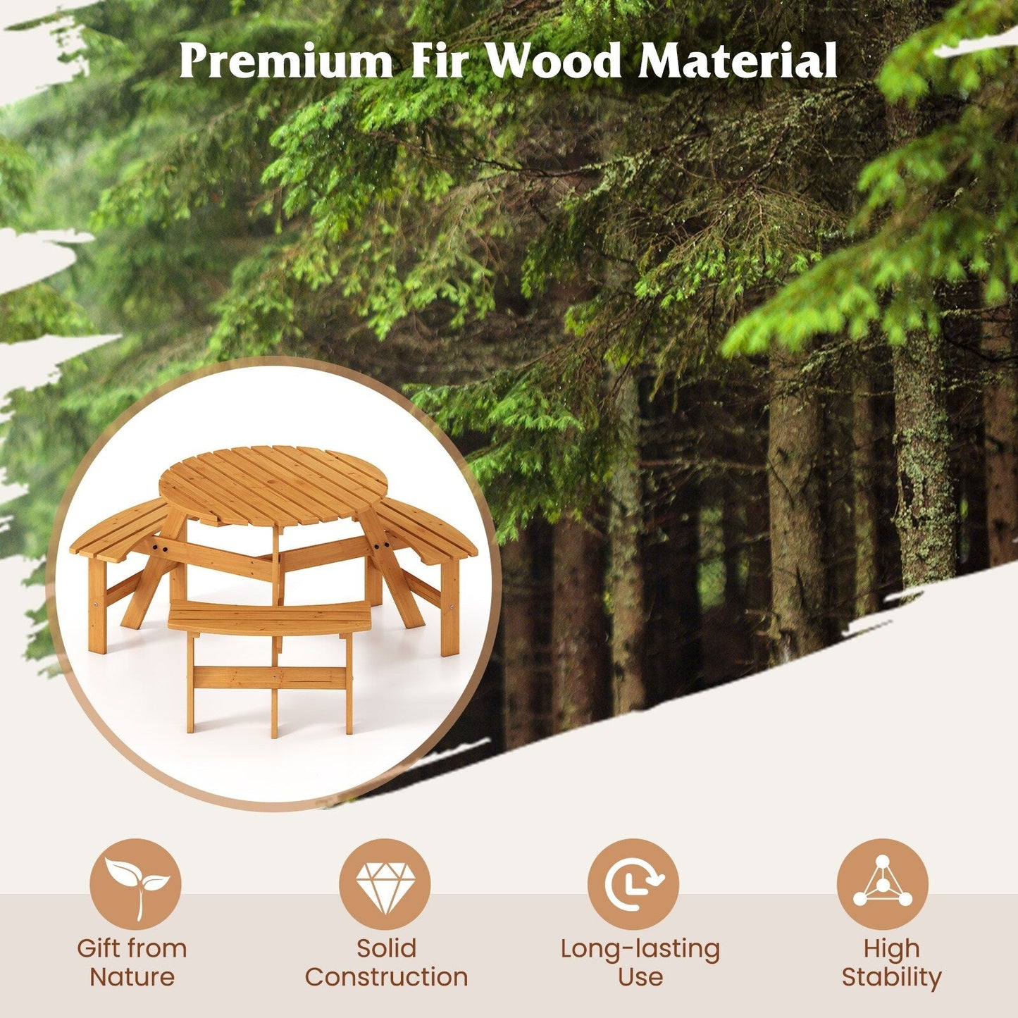 Set da tavolo da picnic rotondo Costway per 6 persone con 3 panche integrate 2 - Vedi dettagli