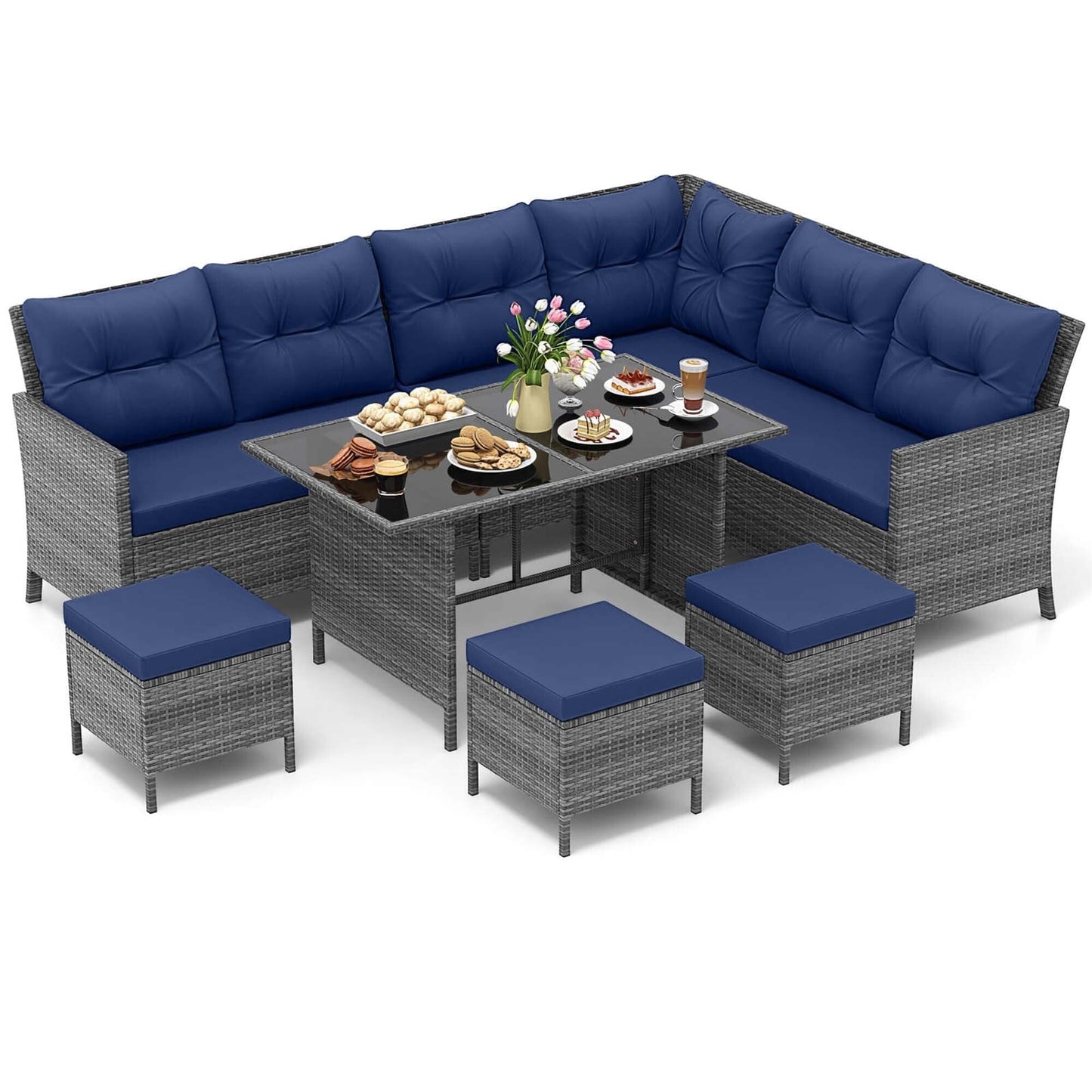 Set di mobili da pranzo per patio Costway da 7 pezzi, divano componibile in rattan PE - Vedi dettagli