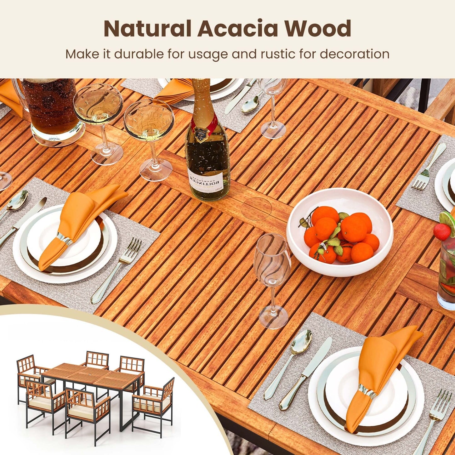 Set da pranzo per patio Costway 7 pezzi, tavolo da esterno in legno di acacia con seduta morbida - Vedi dettagli