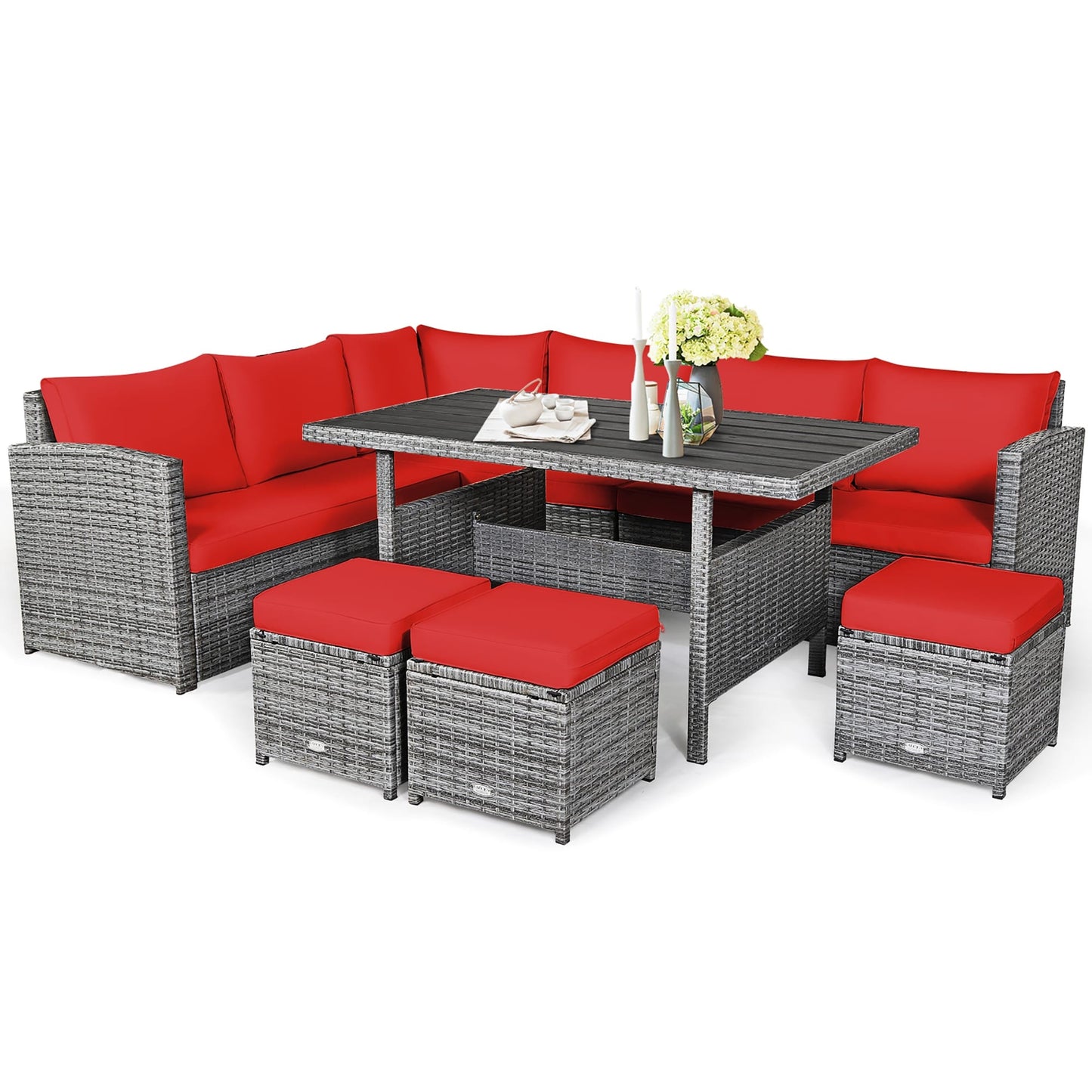 Costway 7 pezzi set da pranzo in rattan per patio divano componibile divano pouf - Vedi dettagli