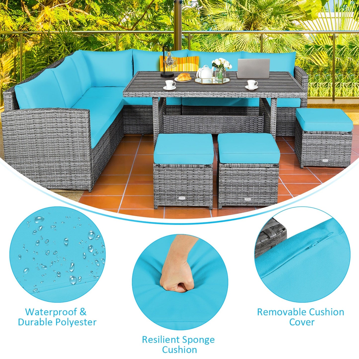 Costway 7 pezzi set da pranzo in rattan per patio divano componibile divano pouf - Vedi dettagli