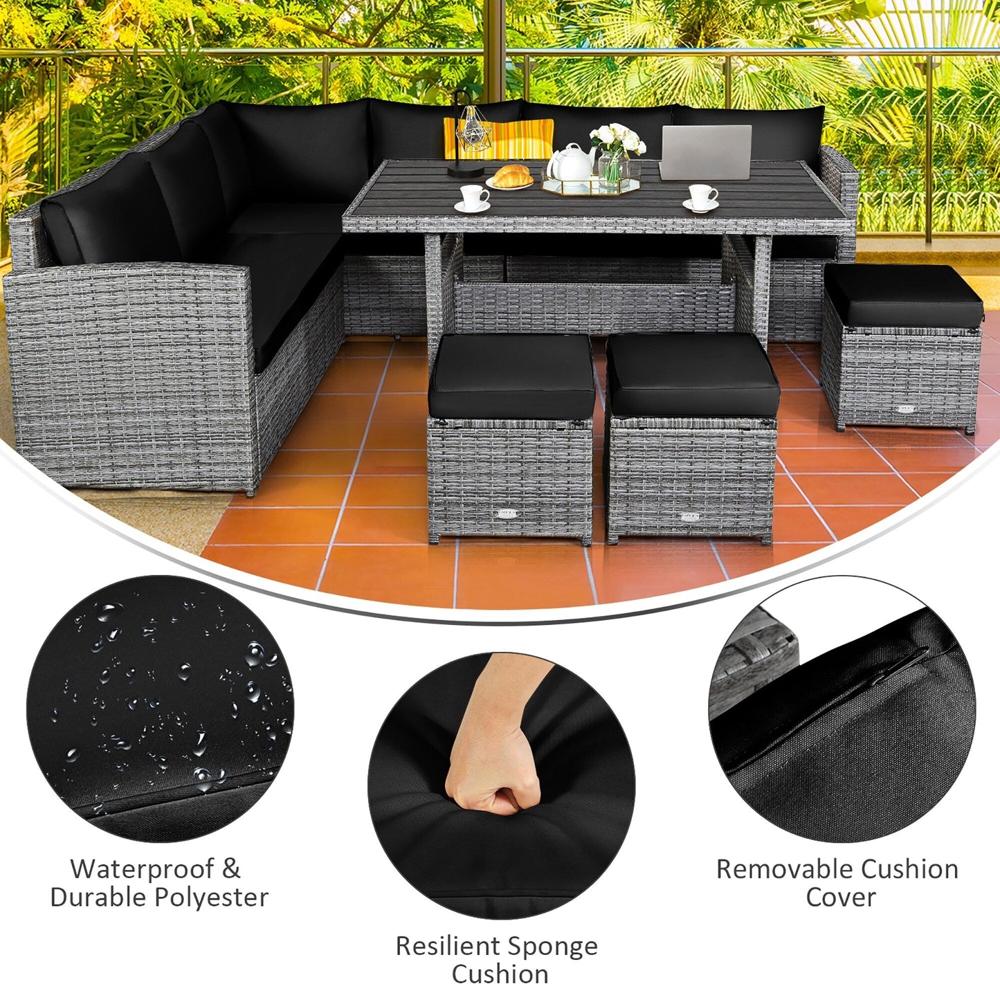 Costway 7 pezzi set da pranzo in rattan per patio divano componibile divano pouf - Vedi dettagli