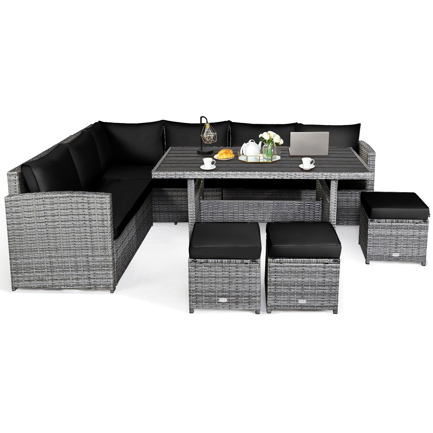 Costway 7 pezzi set da pranzo in rattan per patio divano componibile divano pouf - Vedi dettagli