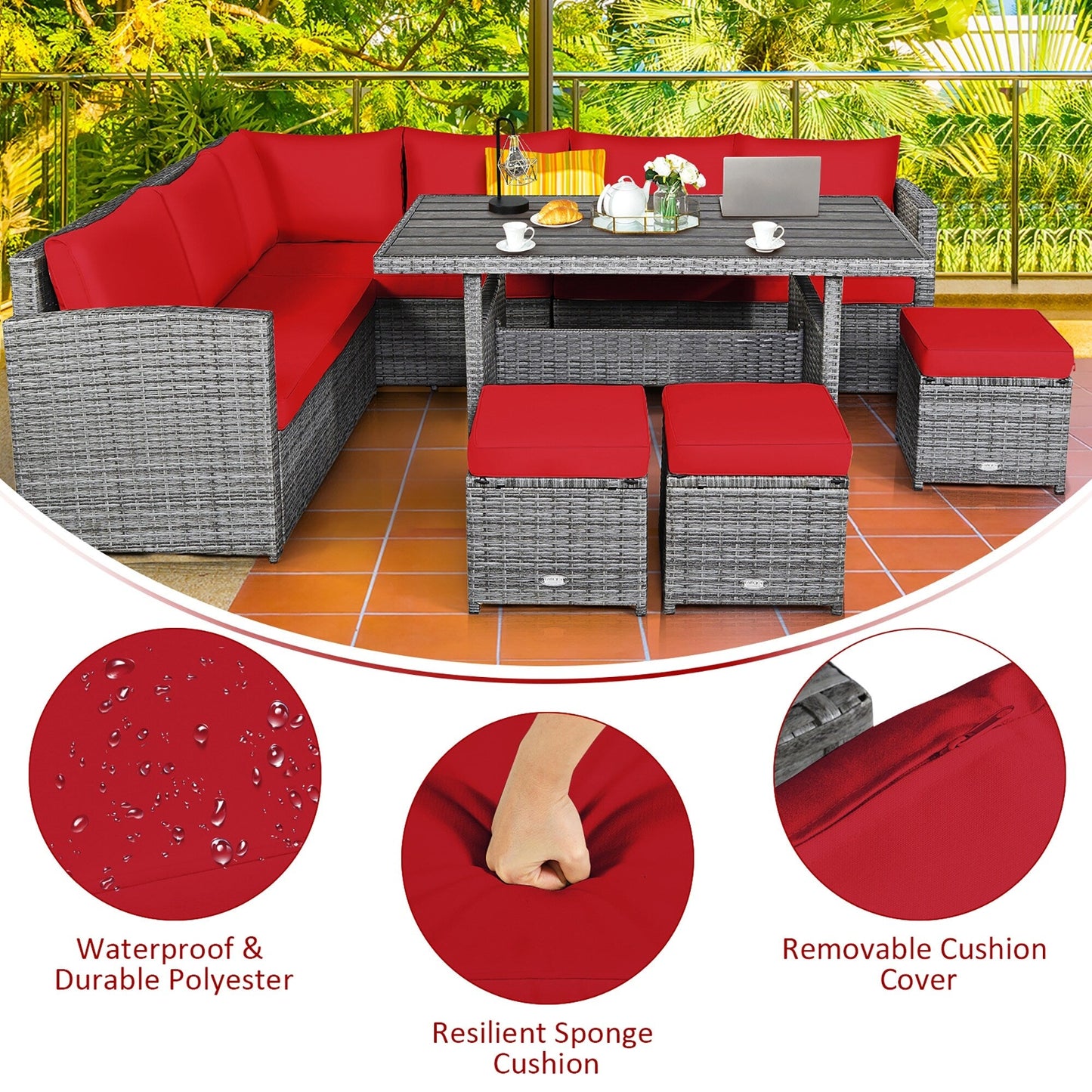 Costway 7 pezzi set da pranzo in rattan per patio divano componibile divano pouf - Vedi dettagli