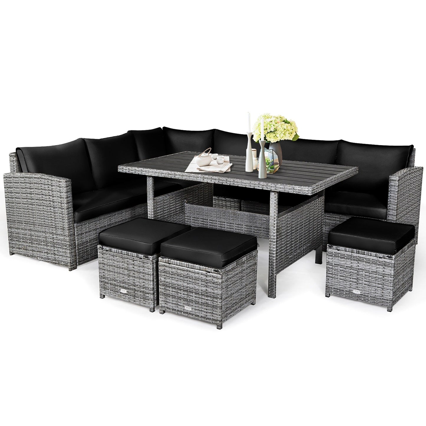 Costway 7 pezzi set da pranzo in rattan per patio divano componibile divano pouf - Vedi dettagli