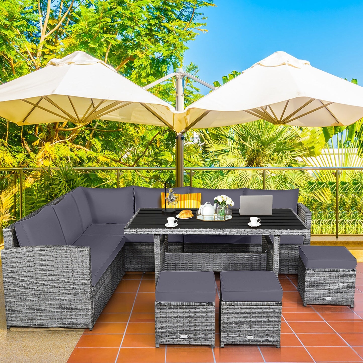 Costway 7 pezzi set da pranzo in rattan per patio divano componibile divano pouf - Vedi dettagli