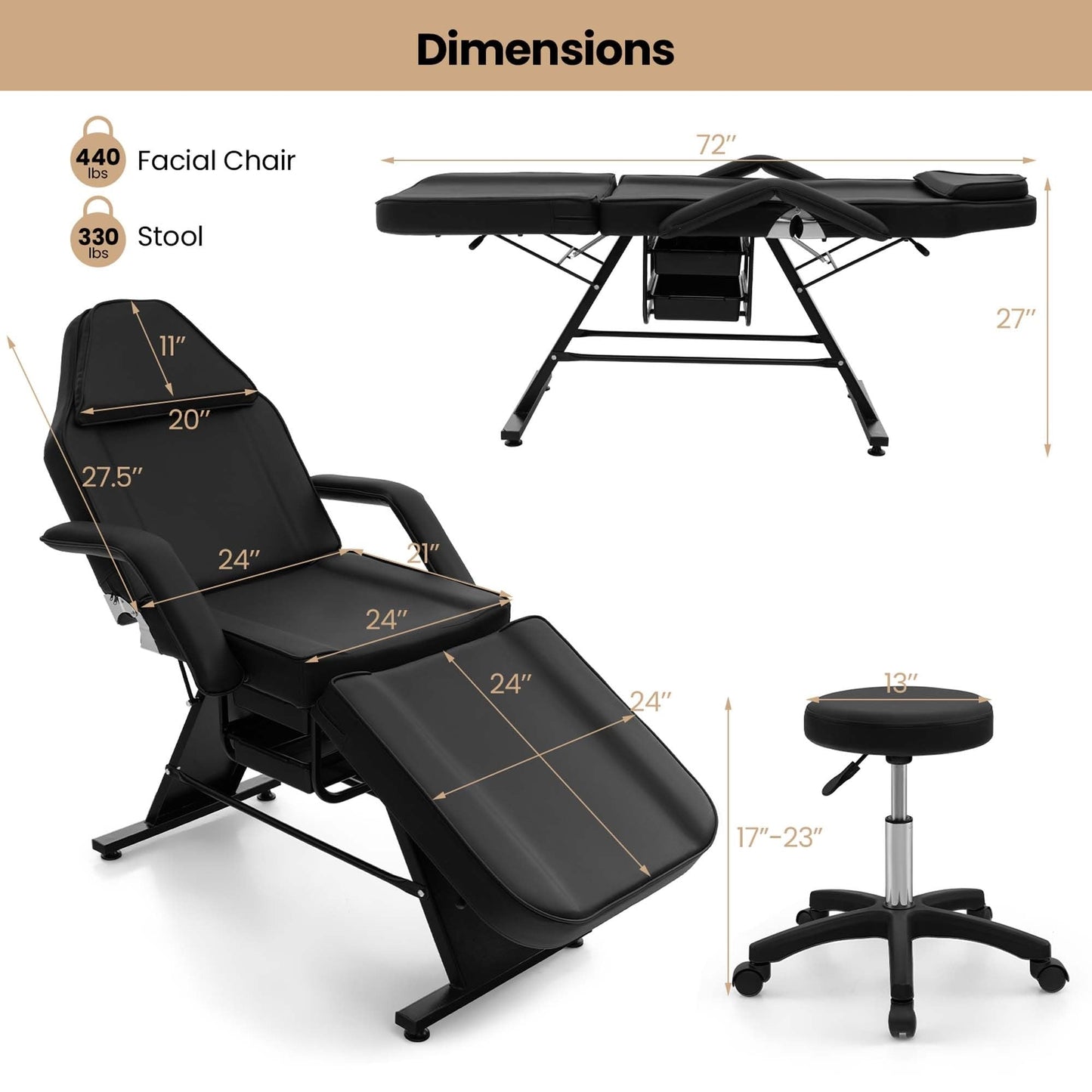 Lettino da massaggio Costway 72 con sgabello idraulico, schienale regolabile e