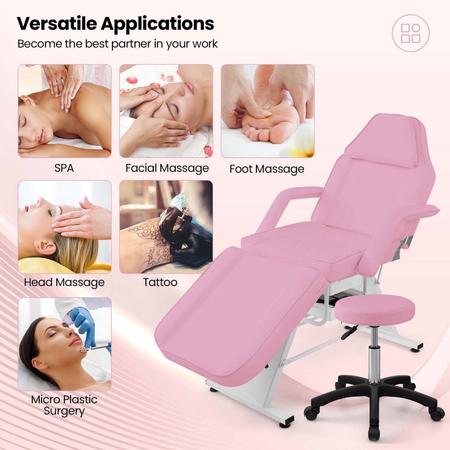 Lettino da massaggio Costway 72 con sgabello idraulico, schienale regolabile e