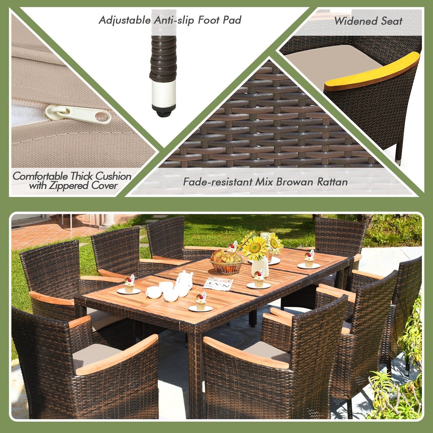 Set da pranzo in rattan per patio Costway 9 pezzi, 8 sedie impilabili imbottite - Set da 9 pezzi