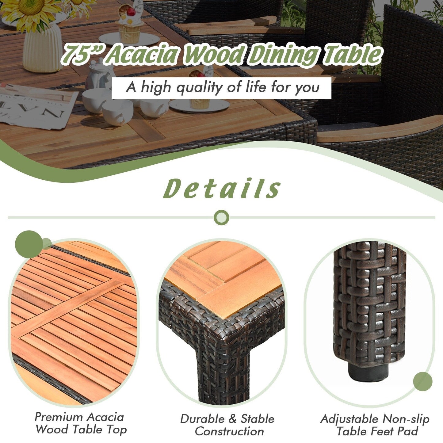 Set da pranzo in rattan per patio Costway 9 pezzi, 8 sedie impilabili imbottite - Set da 9 pezzi