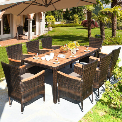 Set da pranzo in rattan per patio Costway 9 pezzi, 8 sedie impilabili imbottite - Set da 9 pezzi