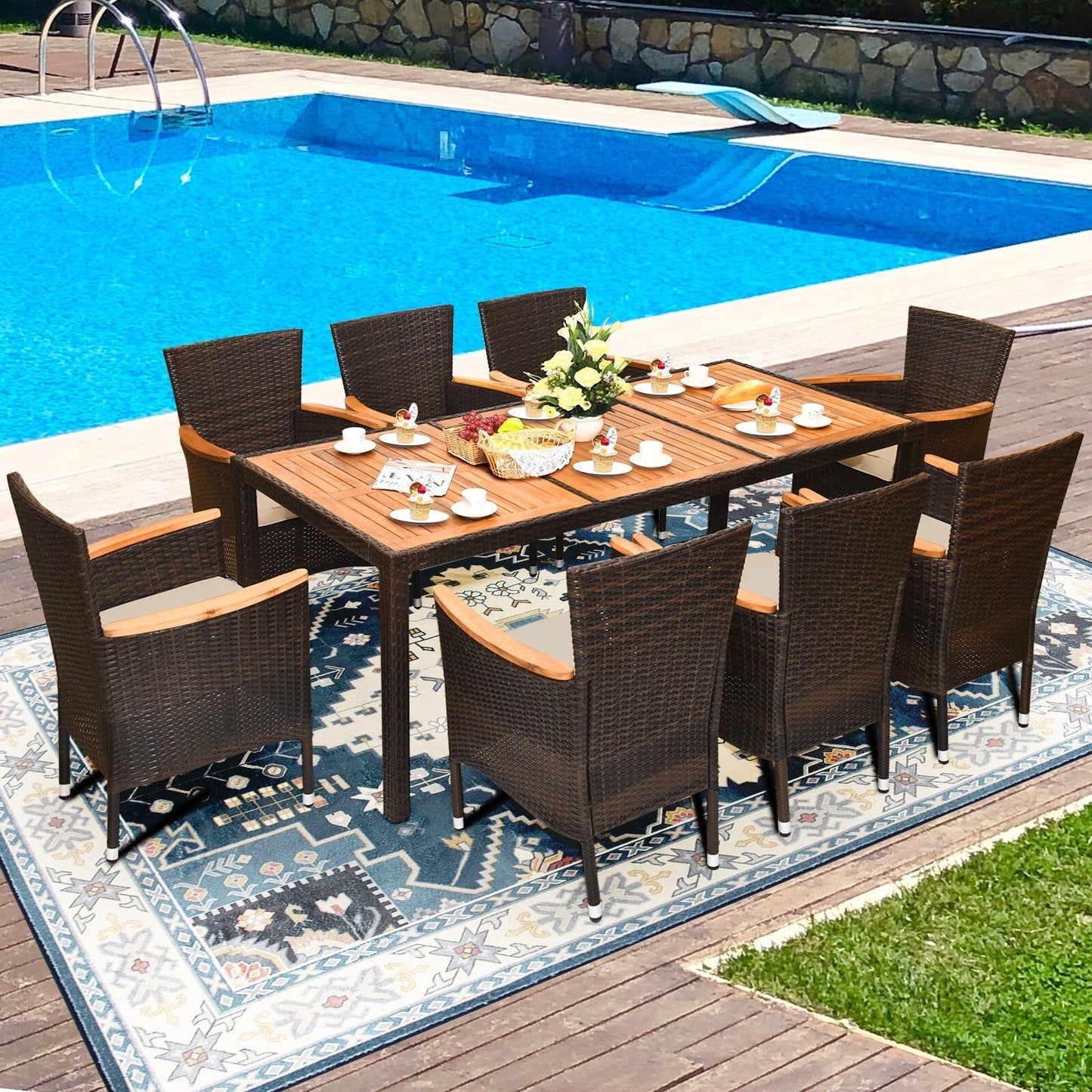 Set da pranzo in rattan per patio Costway 9 pezzi, 8 sedie impilabili imbottite - Set da 9 pezzi