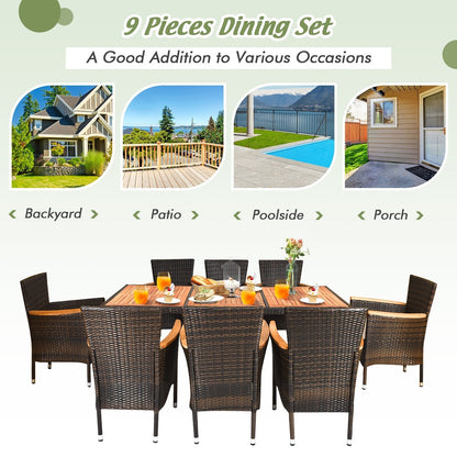 Set da pranzo in rattan per patio Costway 9 pezzi, 8 sedie impilabili imbottite - Set da 9 pezzi