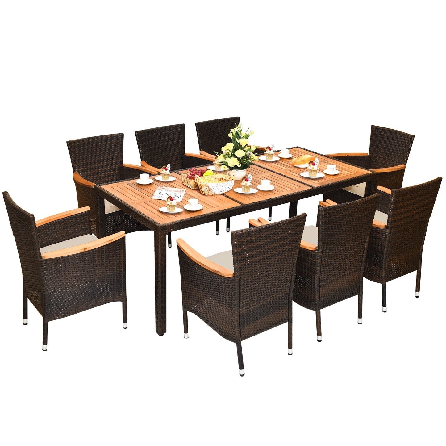 Set da pranzo in rattan per patio Costway 9 pezzi, 8 sedie impilabili imbottite - Set da 9 pezzi