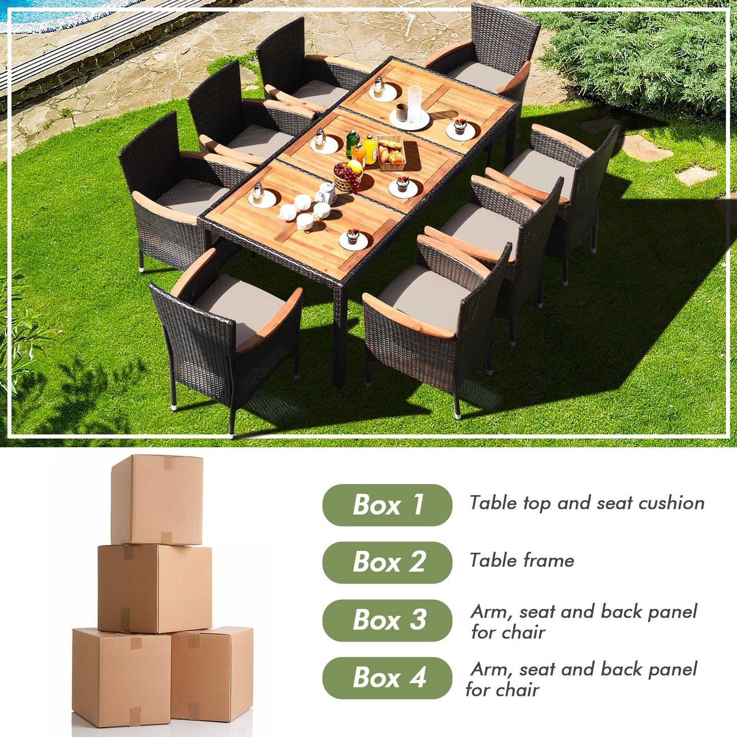 Set da pranzo in rattan per patio Costway 9 pezzi, 8 sedie impilabili imbottite - Set da 9 pezzi