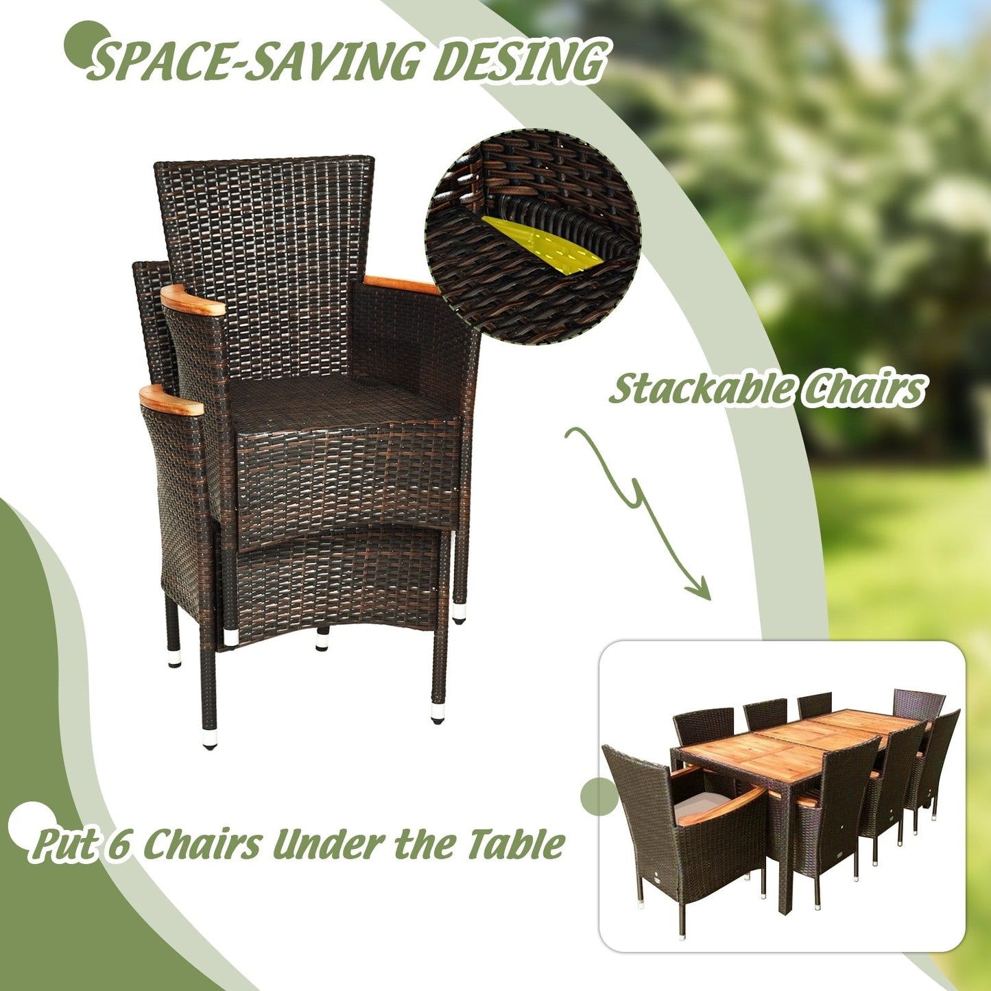 Set da pranzo in rattan per patio Costway 9 pezzi, 8 sedie impilabili imbottite - Set da 9 pezzi