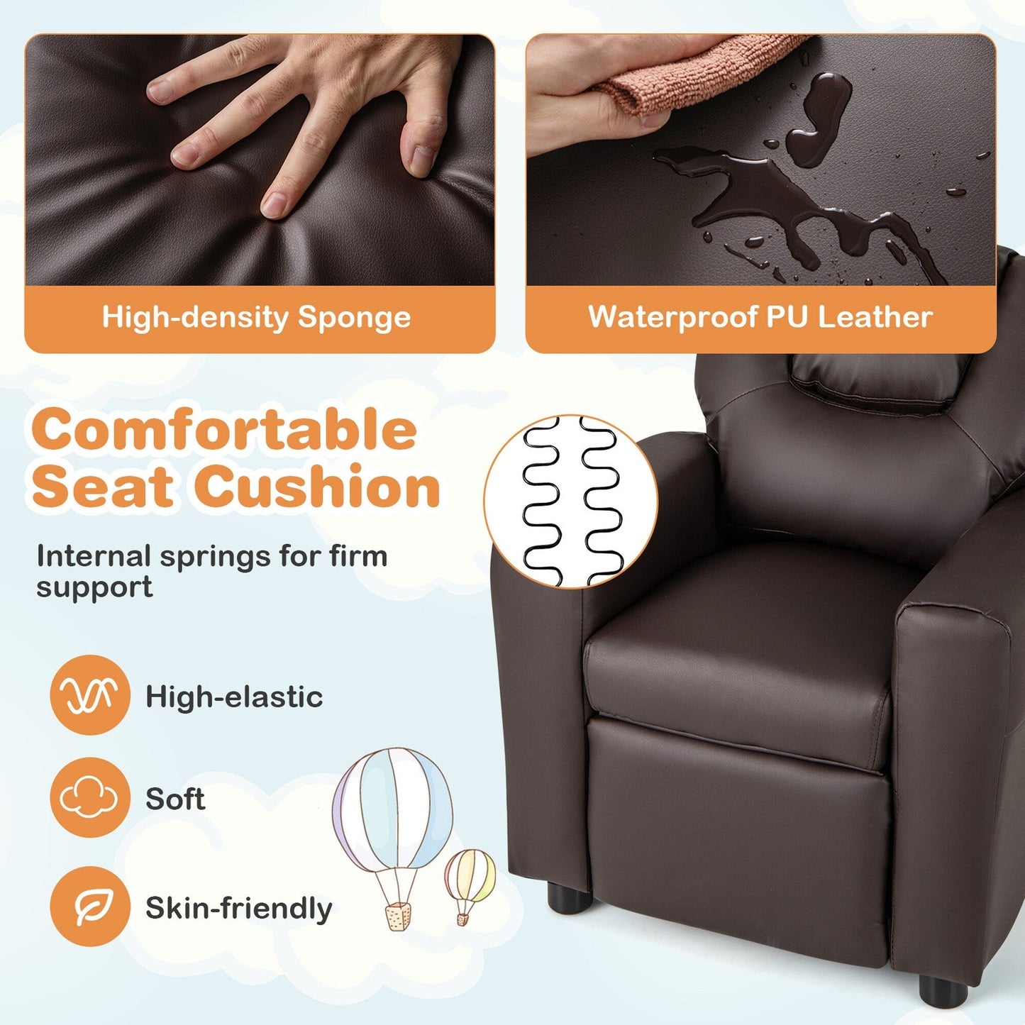 Poltrona reclinabile per bambini Costway con portabicchieri e tasca laterale regolabile