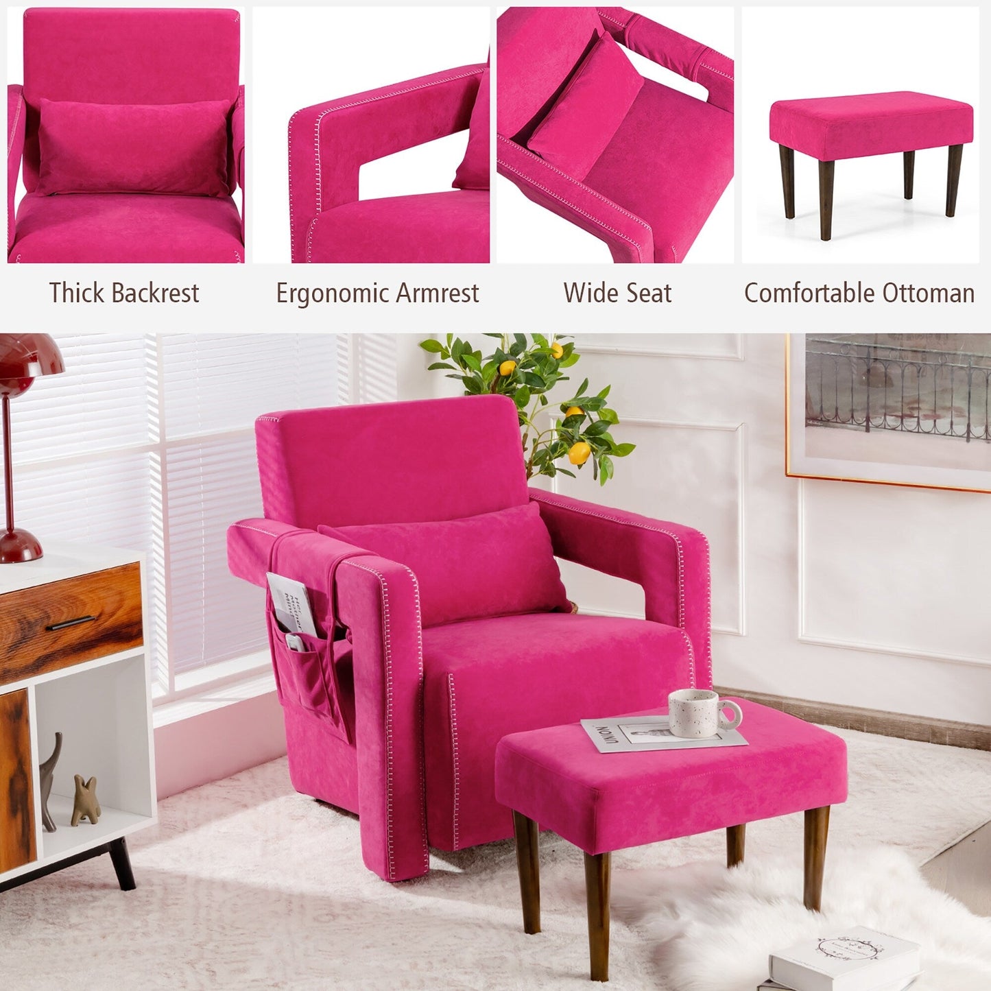 Divano singolo moderno in pile berbero Costway con pouf e cintura - 31'' x 31'' x 34,5''