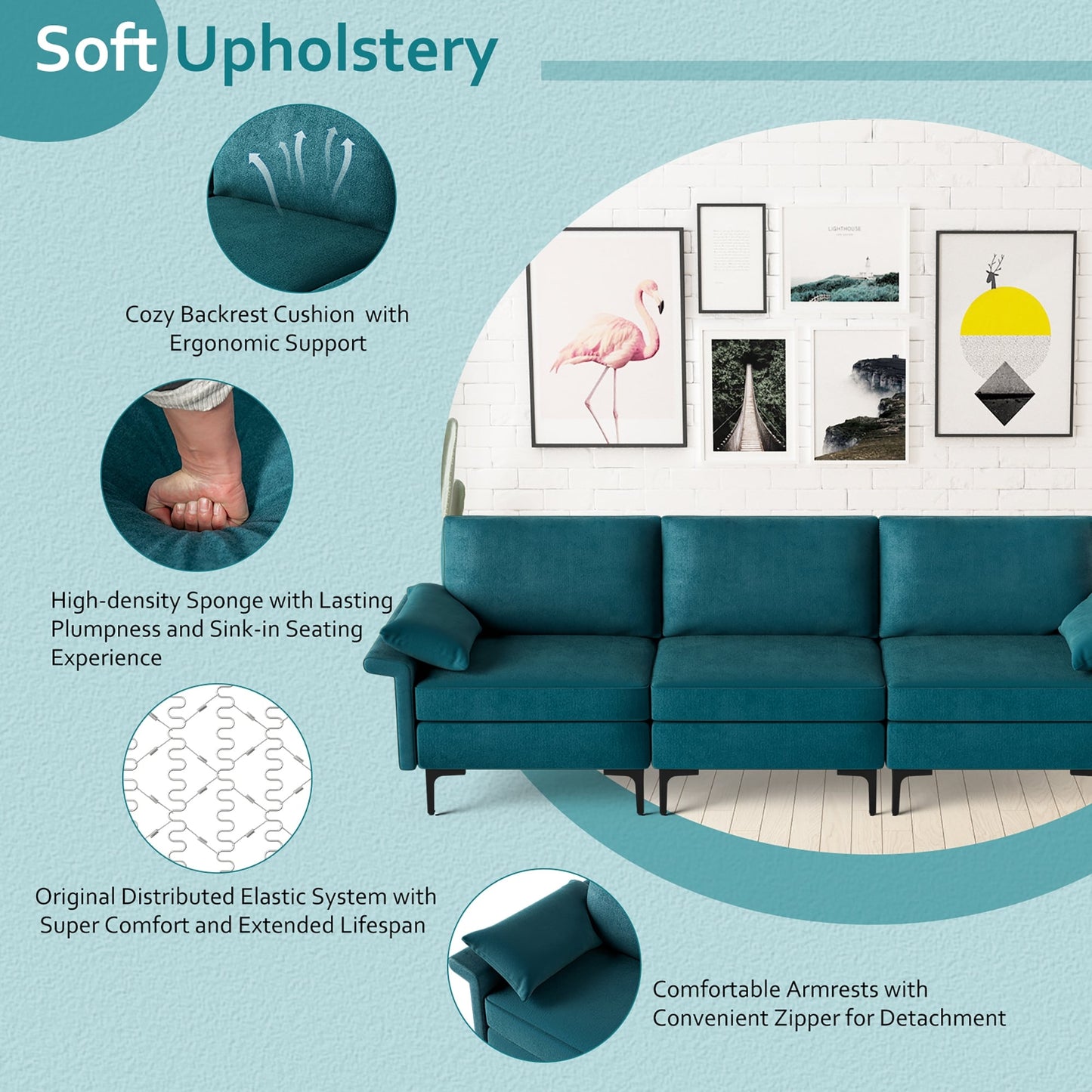 Divano componibile moderno in tessuto a 3 posti Costway, arredamento per soggiorno - Vedi dettagli