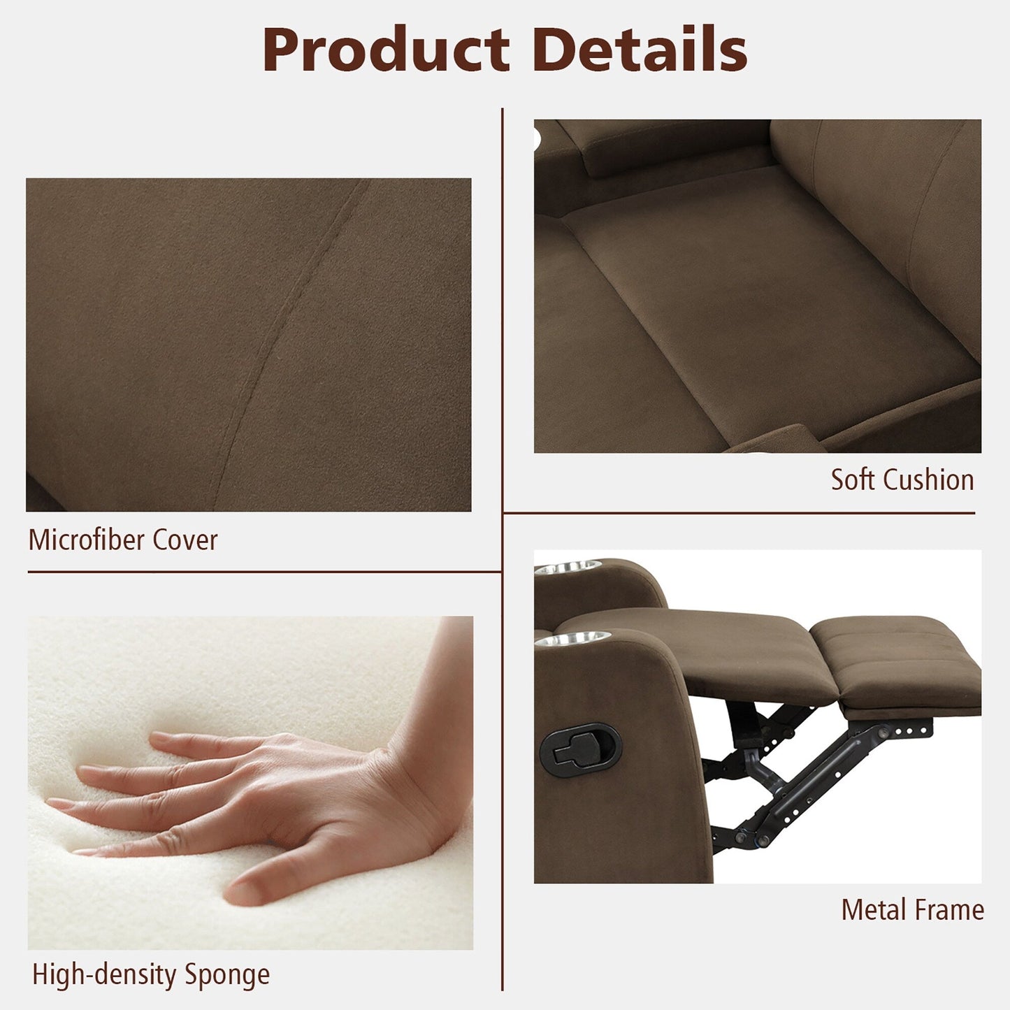 Poltrona reclinabile Costway, divano singolo con braccioli e contenitore e tazza