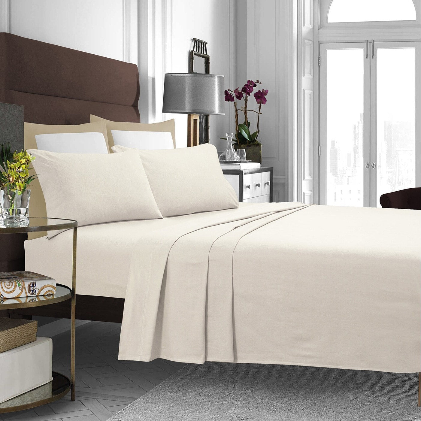 Set di lenzuola in flanella di cotone con tasche extra profonde e lenzuolo piatto oversize