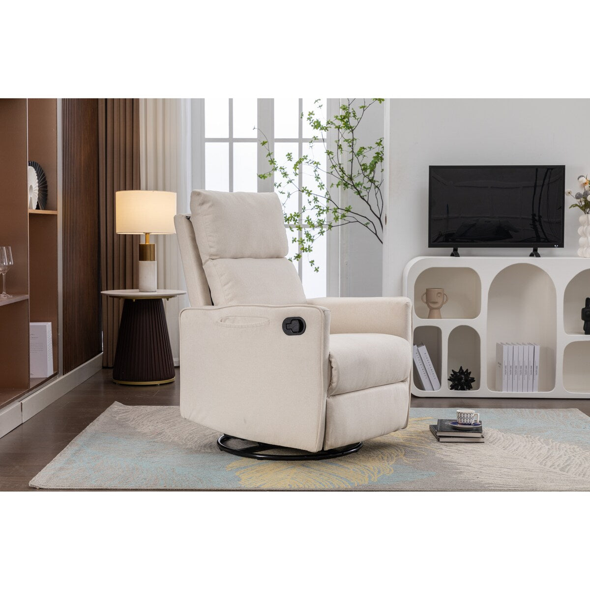 Sedia a dondolo girevole in tessuto di lino e cotone, reclinabile, con schienale regolabile e poggiapiedi per soggiorno.