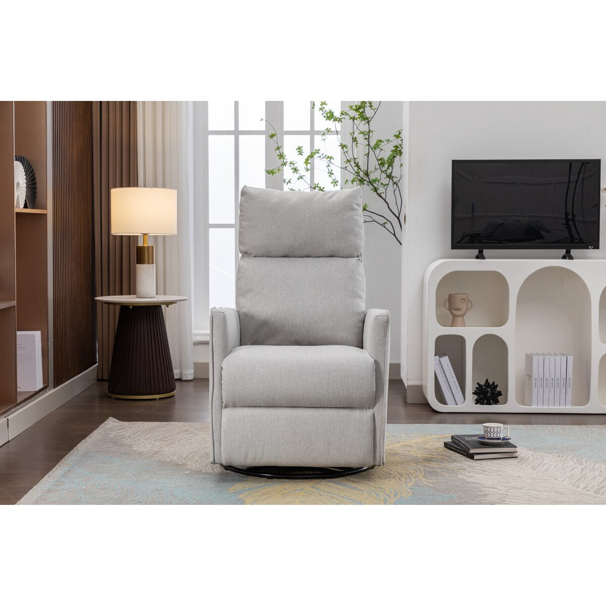 Sedia a dondolo girevole in tessuto di lino e cotone, reclinabile, con schienale regolabile e poggiapiedi per soggiorno.