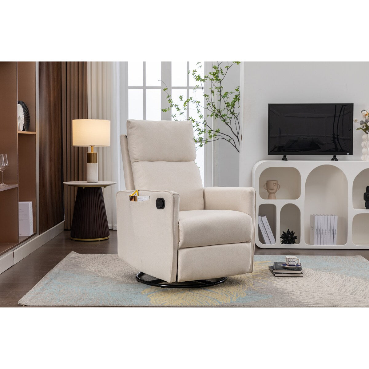 Sedia a dondolo girevole in tessuto di lino e cotone, reclinabile, con schienale regolabile e poggiapiedi per soggiorno.