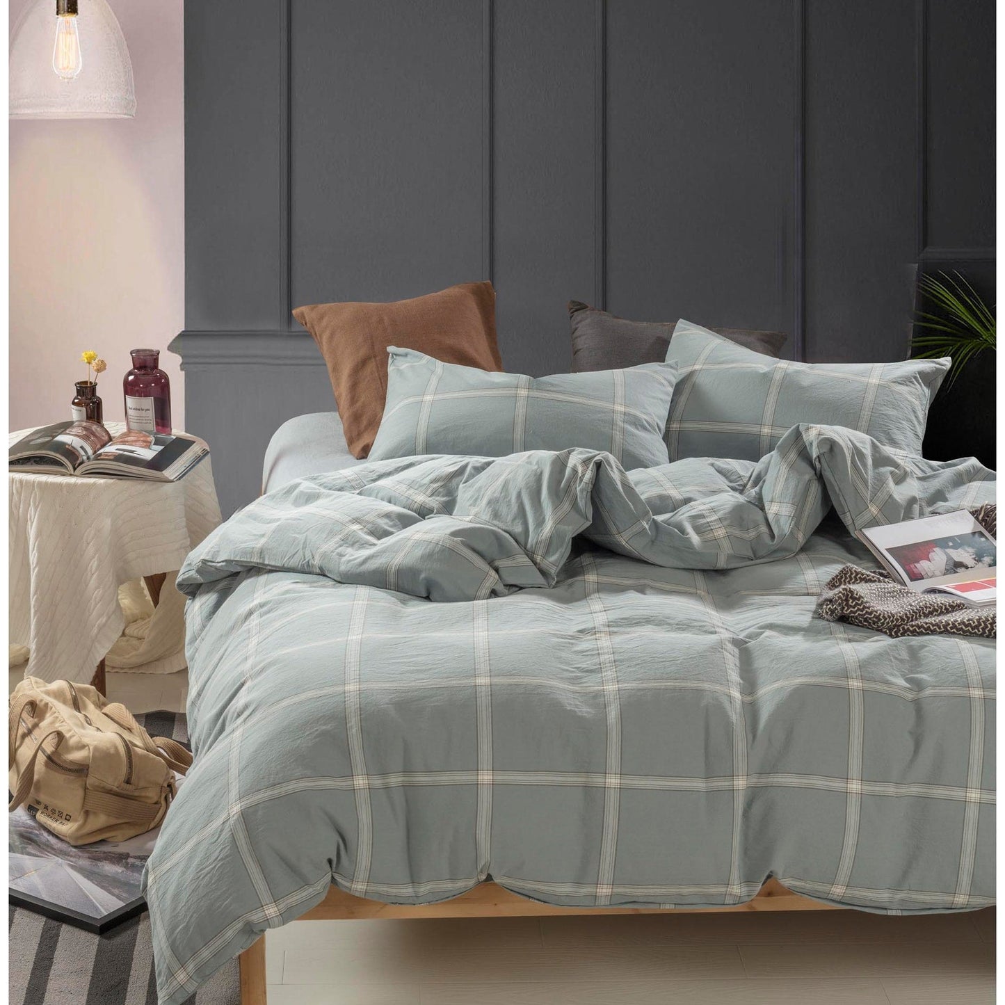 Set copripiumino in cotone a quadri con motivo a quadri, 3 pezzi