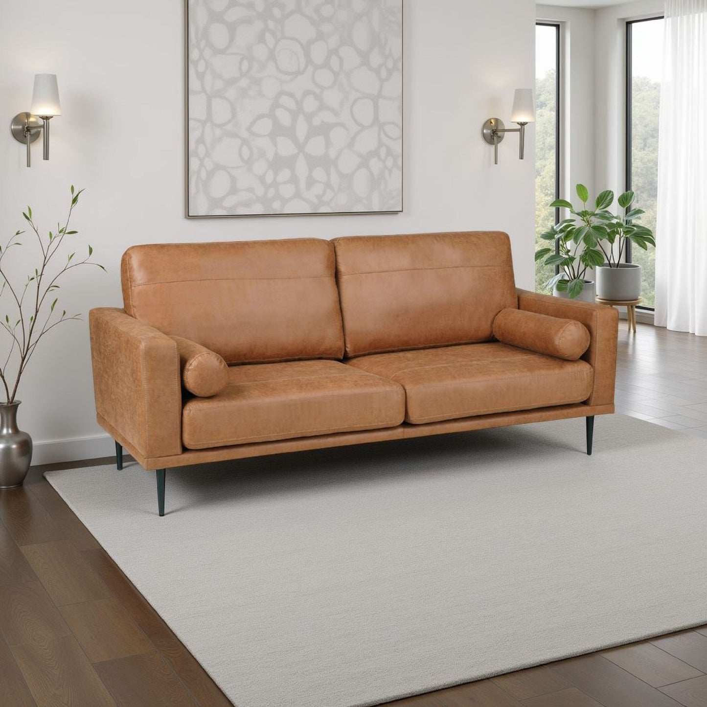 Divano Coxi con 2 cuscini a rullo, morbida microfibra marrone, 82 pollici