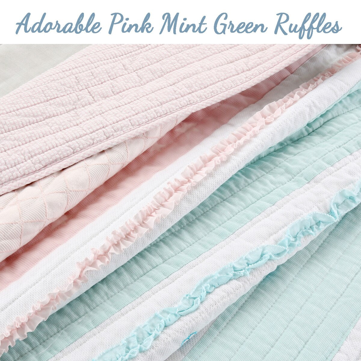 Cozy Line Home Fashions - Set di biancheria da letto con trapunta in cotone bianco, con volant a stella e righe pastello, ricamato a fiori, rosa chiaro, pesca e azzurro