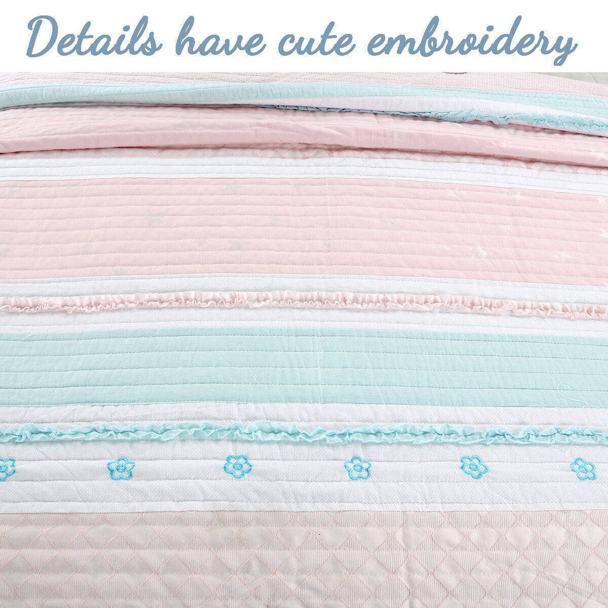 Cozy Line Home Fashions - Set di biancheria da letto con trapunta in cotone bianco, con volant a stella e righe pastello, ricamato a fiori, rosa chiaro, pesca e azzurro