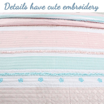 Cozy Line Home Fashions - Set di biancheria da letto con trapunta in cotone bianco, con volant a stella e righe pastello, ricamato a fiori, rosa chiaro, pesca e azzurro