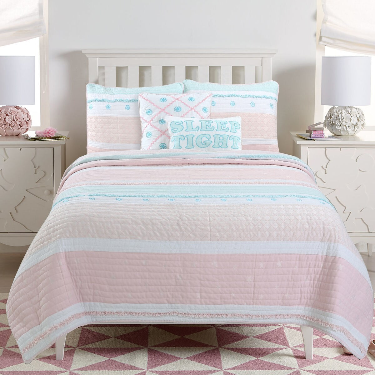 Cozy Line Home Fashions - Set di biancheria da letto con trapunta in cotone bianco, con volant a stella e righe pastello, ricamato a fiori, rosa chiaro, pesca e azzurro
