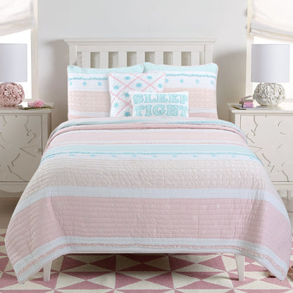 Cozy Line Home Fashions - Set di biancheria da letto con trapunta in cotone bianco, con volant a stella e righe pastello, ricamato a fiori, rosa chiaro, pesca e azzurro