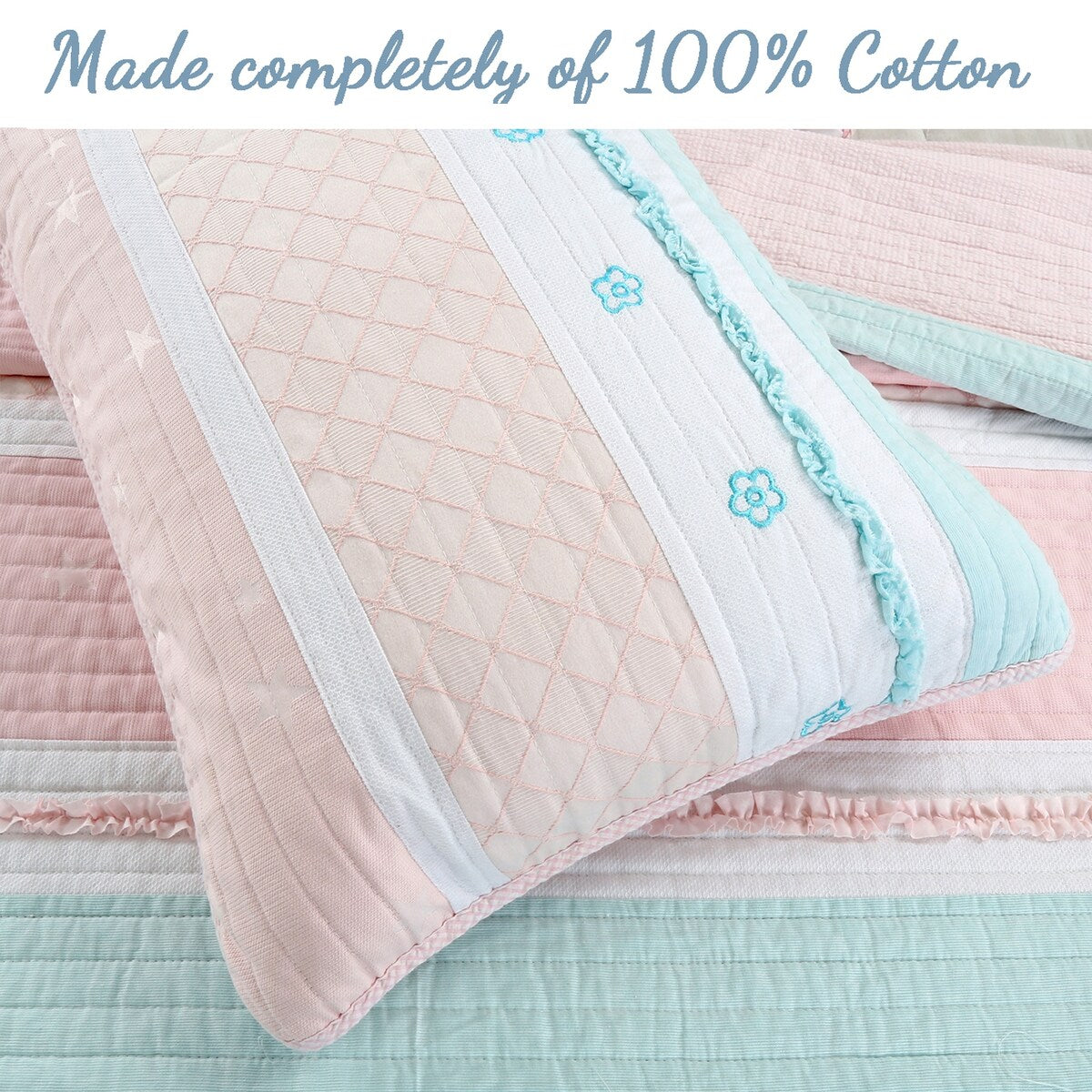 Cozy Line Home Fashions - Set di biancheria da letto con trapunta in cotone bianco, con volant a stella e righe pastello, ricamato a fiori, rosa chiaro, pesca e azzurro
