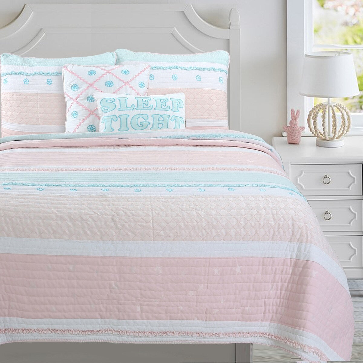 Cozy Line Home Fashions - Set di biancheria da letto con trapunta in cotone bianco, con volant a stella e righe pastello, ricamato a fiori, rosa chiaro, pesca e azzurro