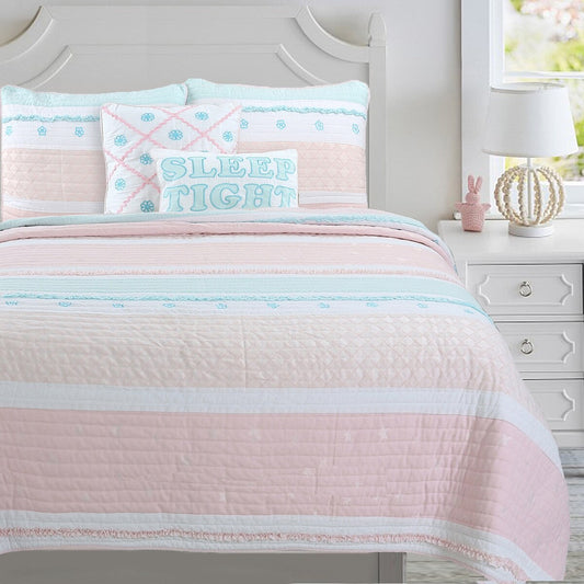 Cozy Line Home Fashions - Set di biancheria da letto con trapunta in cotone bianco, con volant a stella e righe pastello, ricamato a fiori, rosa chiaro, pesca e azzurro